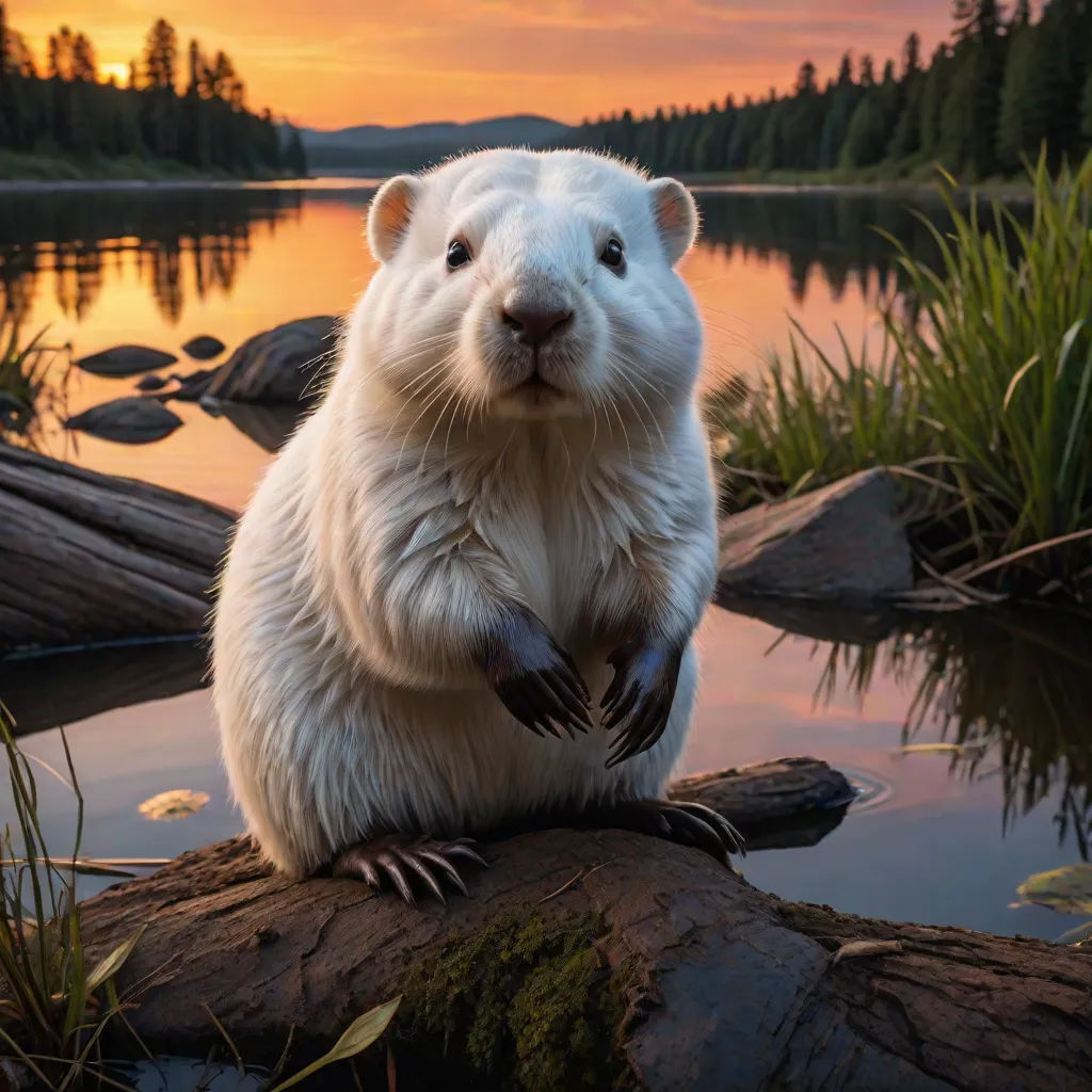a white polar bear sitting on a log in front of a lake at sunset with a sunset in the background, Clovis Trouille, art photography, a portrait, award-winning photograph