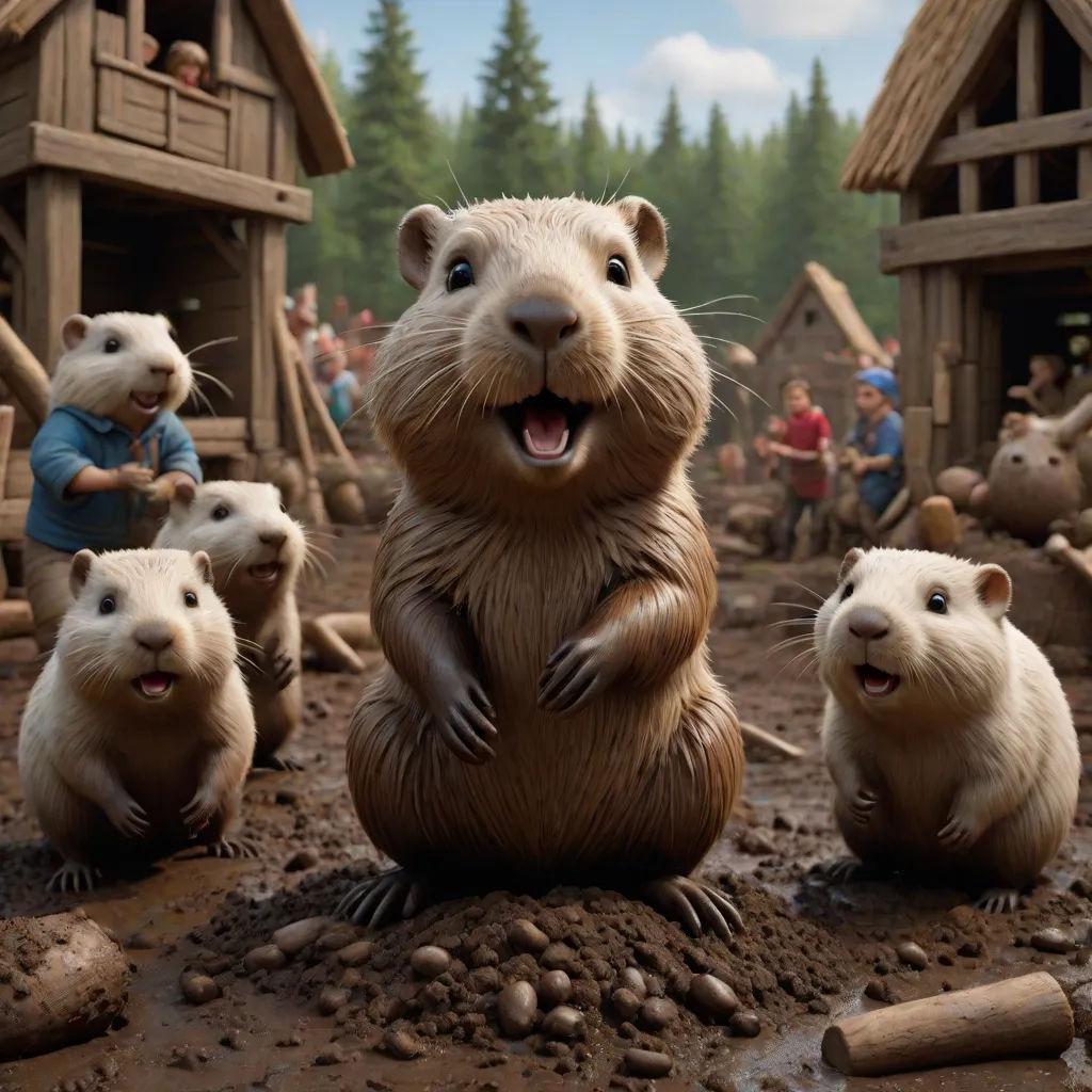 a group of animals standing on top of a dirt field next to a forest filled with people and buildings, Chris LaBrooy, american scene painting, a storybook illustration, weta digital
