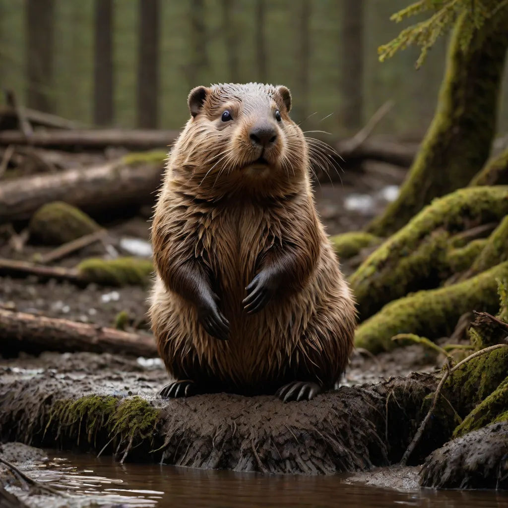 a wet groundhog standing on a log in a forest with mossy trees in the background and a stream running through the forest, Brenda Chamberlain, naturalism, a stock photo, animal photography