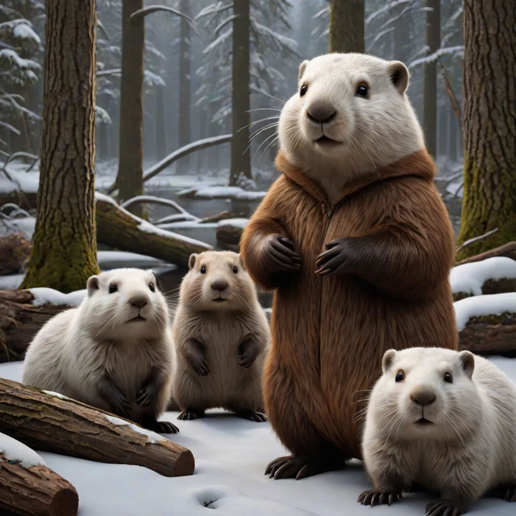 a group of animals standing in the snow in front of trees and logs with snow on them and snow on the ground, Chris LaBrooy, furry art, a storybook illustration, official art
