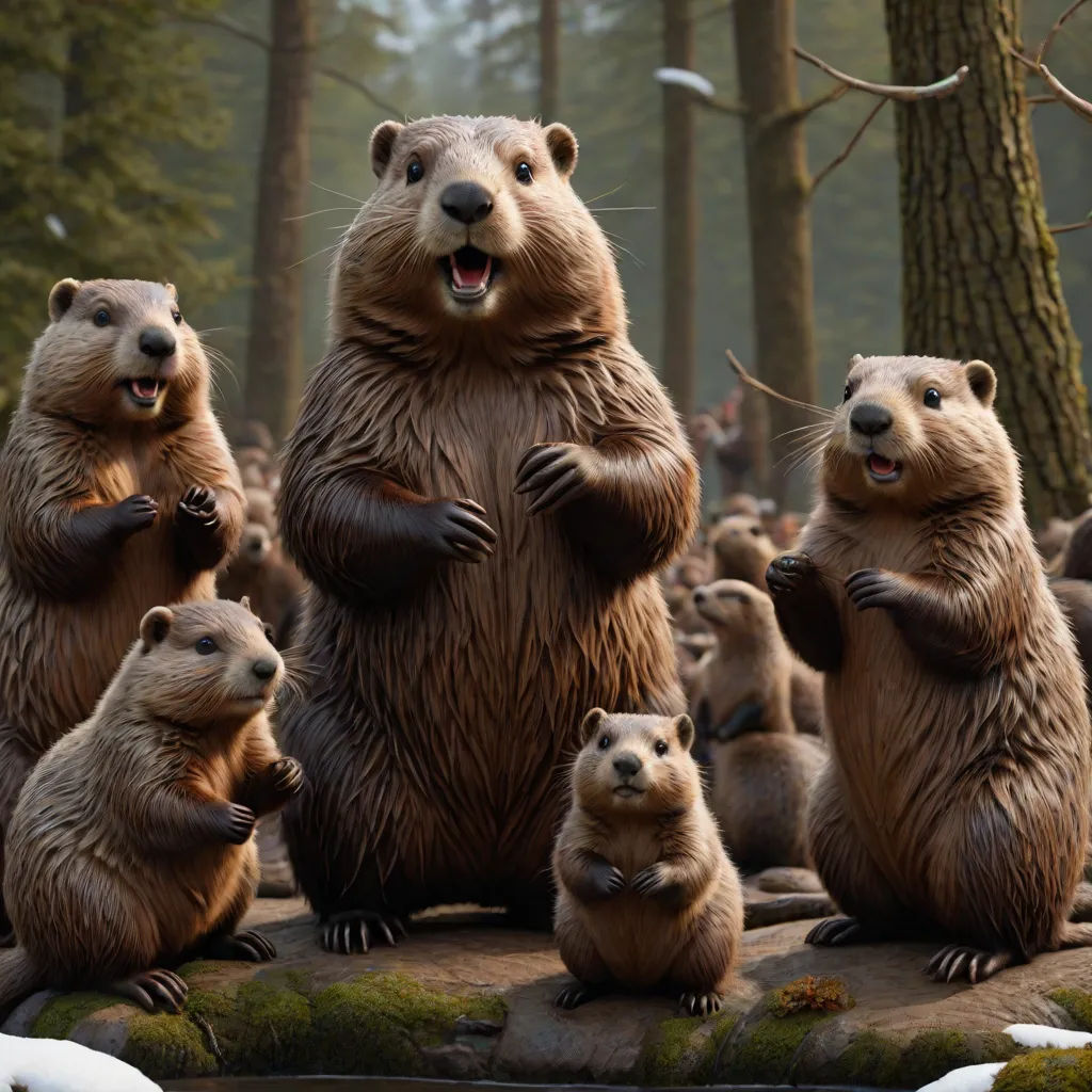 a group of brown bears standing on top of a rock in a forest next to a forest filled with trees, Chris LaBrooy, kitsch movement, a 3D render, weta digital