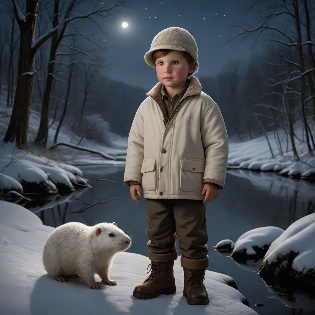 a boy standing next to a white animal in the snow at night with a full moon in the sky, Anne Geddes, art photography, a storybook illustration, highly detailed digital painting