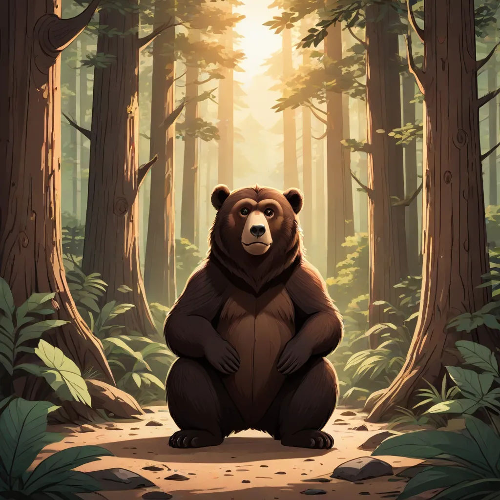 a bear sitting in the middle of a forest with sunlight coming through the trees and leaves on the ground, furry art, a storybook illustration, Chris LaBrooy, official art