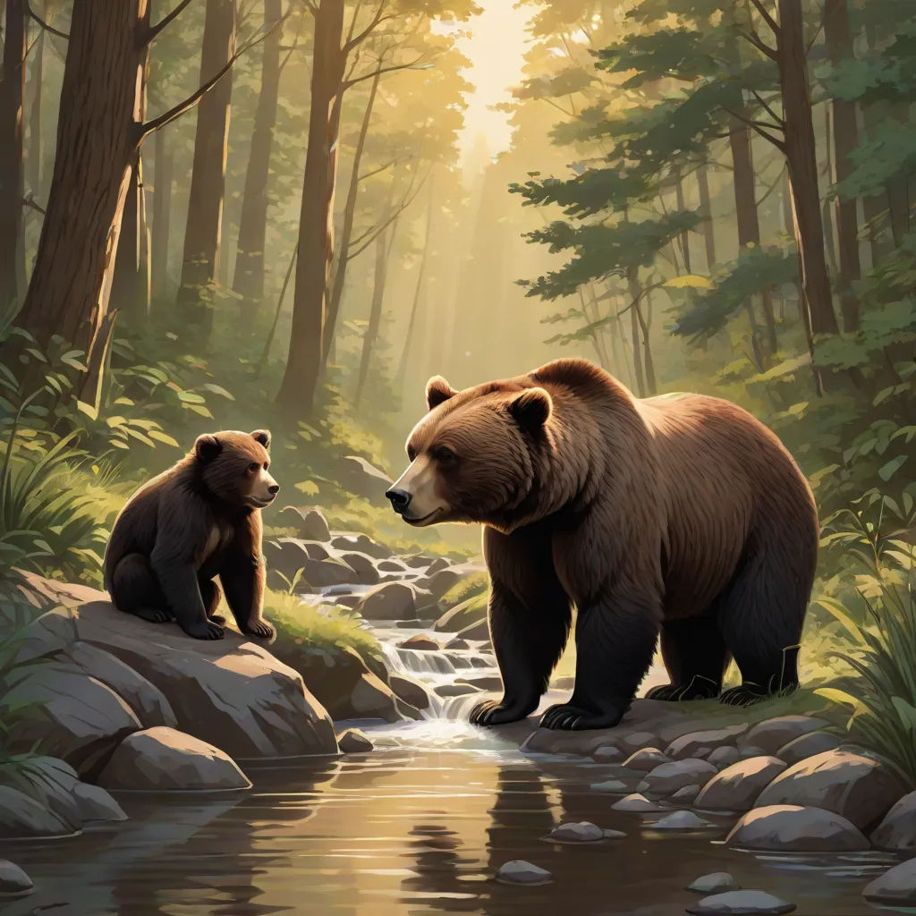a bear and cub are standing on rocks near a stream in the woods, with the sun shining through the trees, american scene painting, a storybook illustration, Brothers Hildebrandt, official art