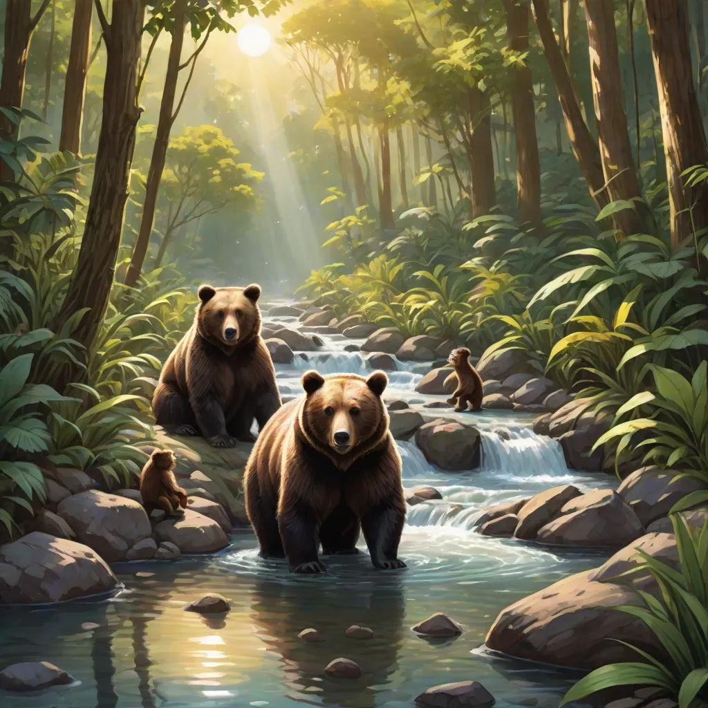 a painting of two bears in a river with a baby bear in the background and a baby bear in the foreground, environmental art, a storybook illustration, Chris LaBrooy, nature