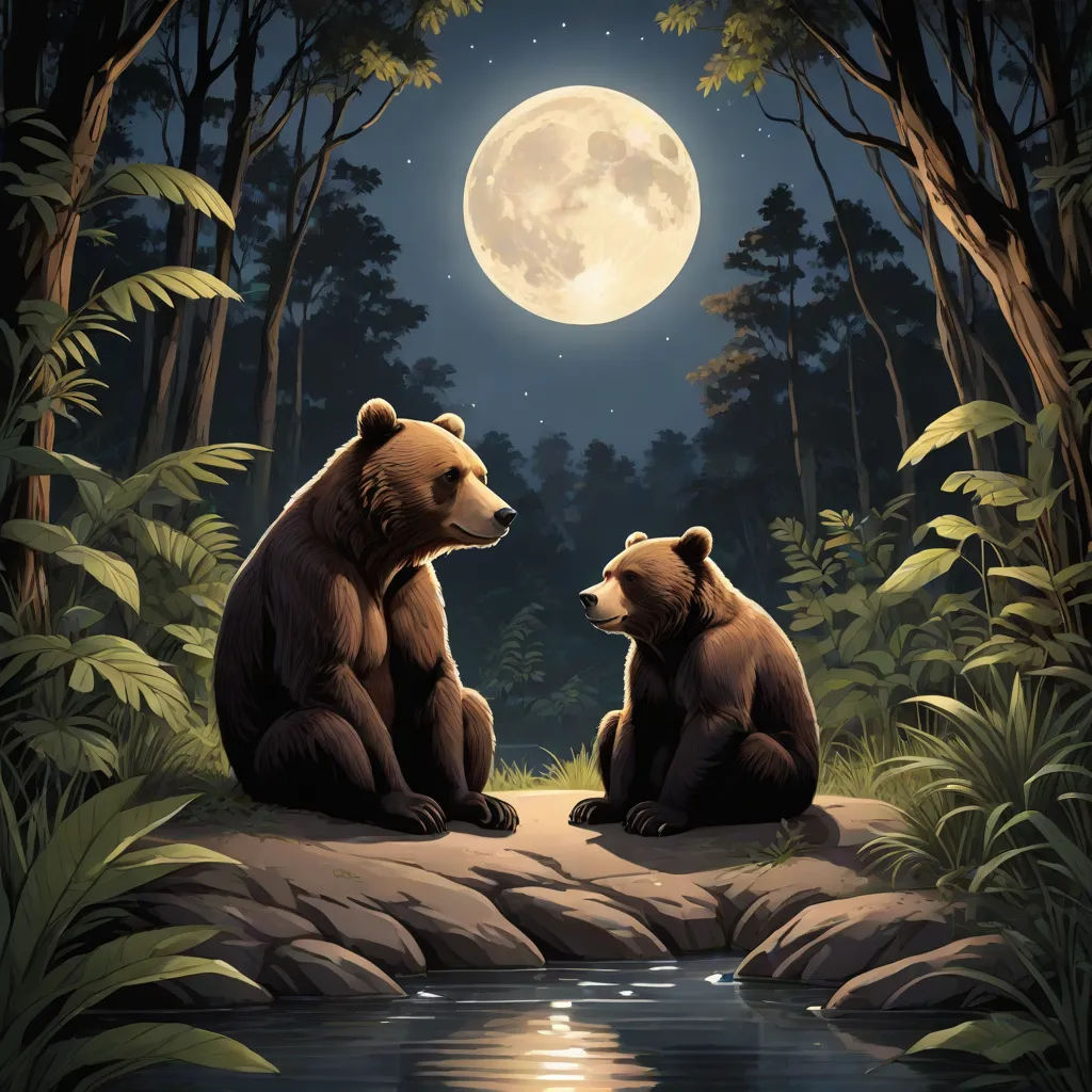 two bears sitting on a rock in the woods at night with a full moon in the background and a pond in the foreground, furry art, a storybook illustration, Dan Mumford, official art