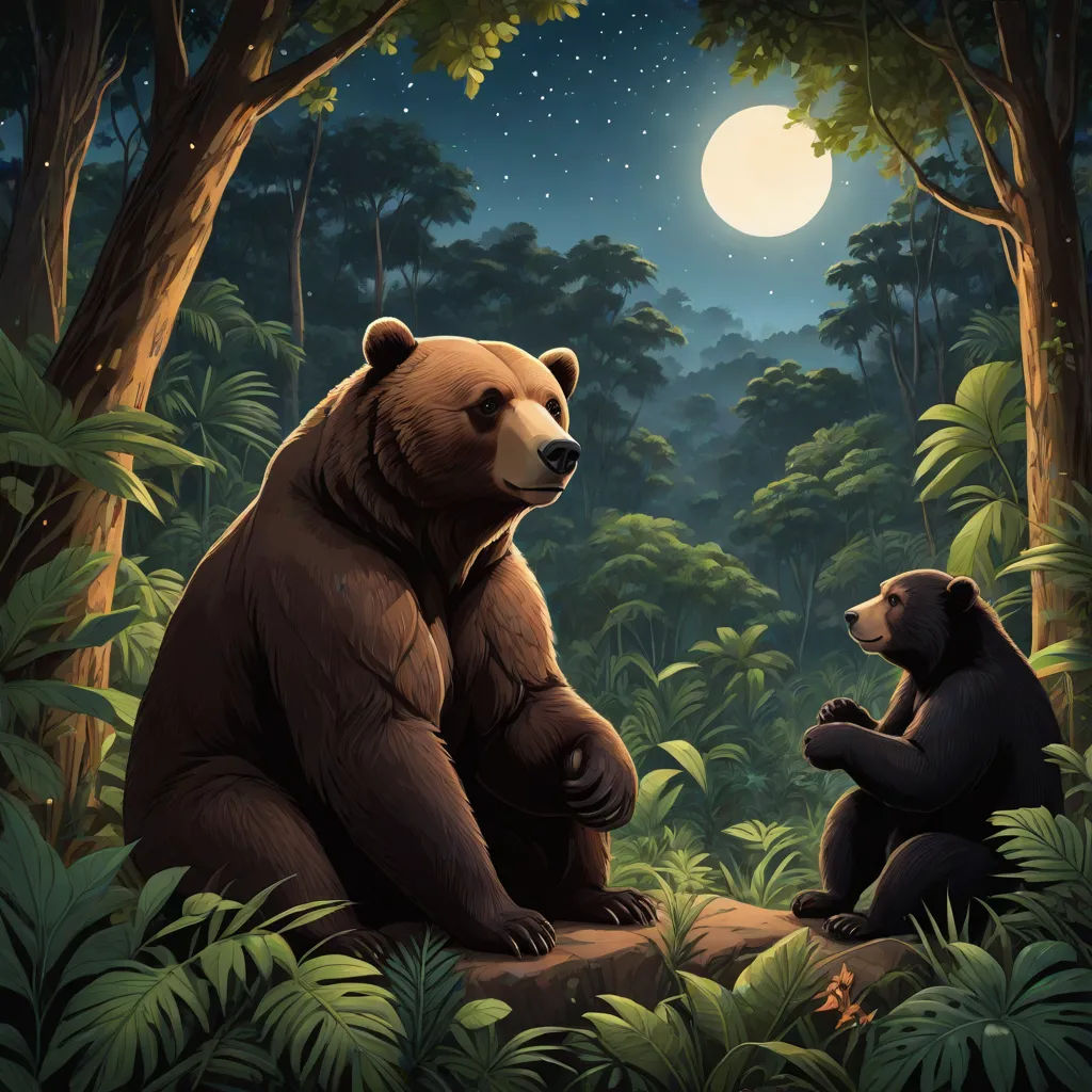 a bear and a bear cub sitting in the woods at night with the moon in the sky above them, sots art, a storybook illustration, Chris LaBrooy, official art