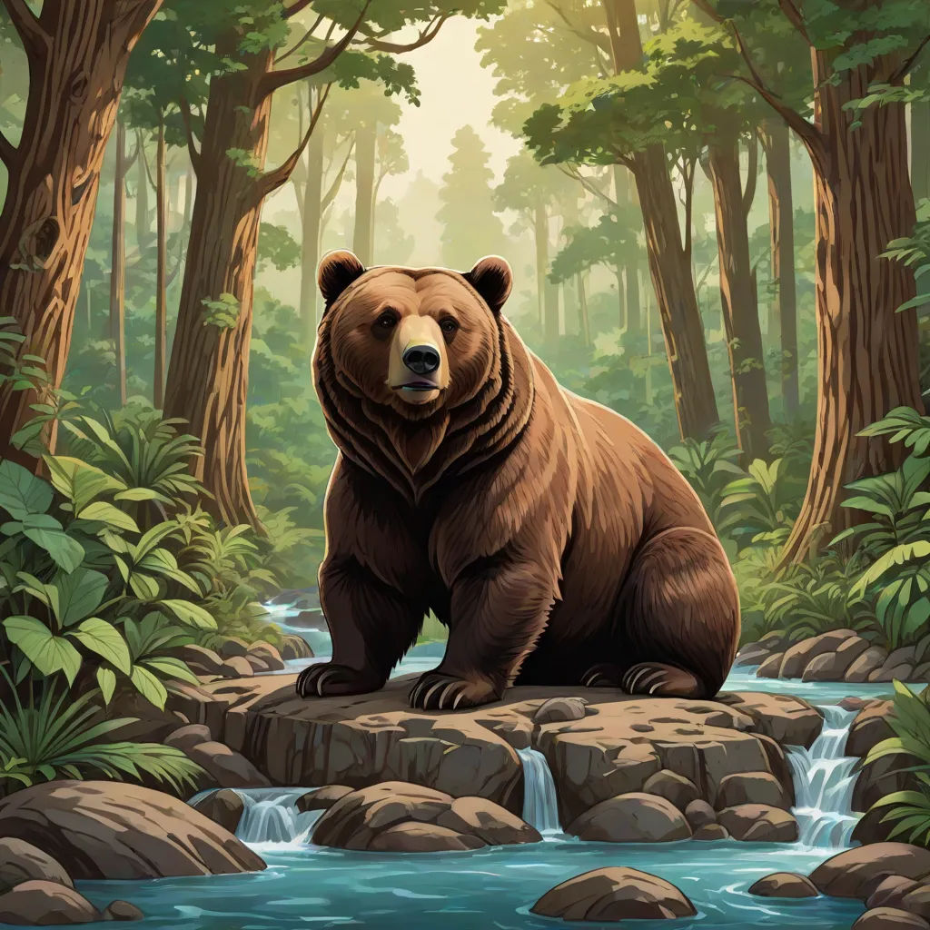 a bear sitting on a rock in a forest with a stream running through it and trees around it, and a stream running through the rocks, furry art, a storybook illustration, Chris LaBrooy, official art