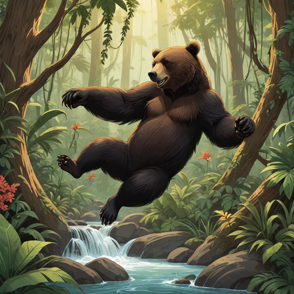 a bear is in the middle of a jungle with a waterfall and trees in the background, and a stream running through the forest, furry art, a storybook illustration, Chris LaBrooy, official art