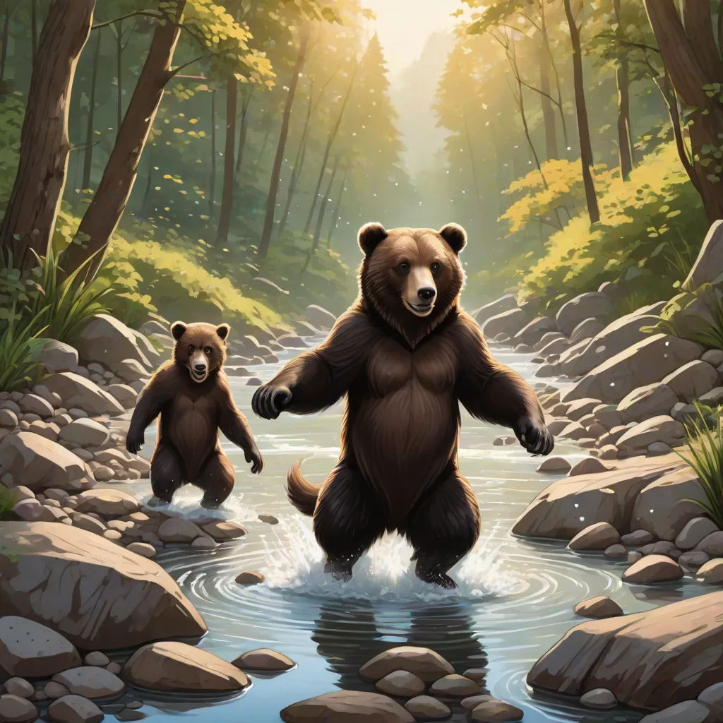 a bear and cub are crossing a stream in the woods together, with the sun shining through the trees, furry art, a storybook illustration, Dan Mumford, official art
