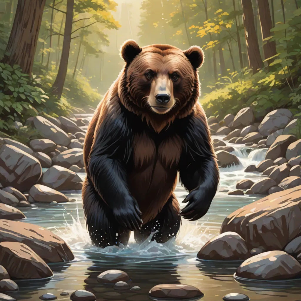 a bear is walking through a stream in the woods with rocks and trees around it, and a sunbeam in the background, furry art, an oil painting, Dan Mumford, magic the gathering artwork