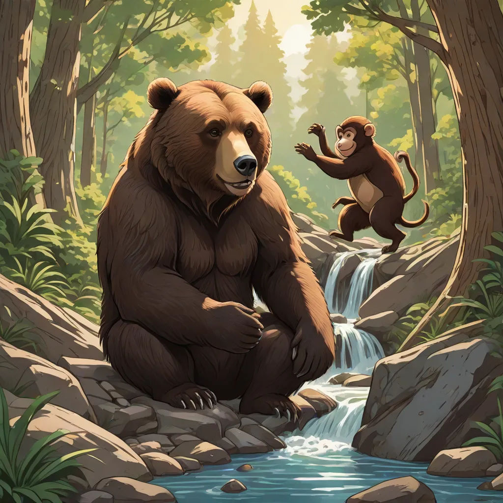 a bear and a monkey are sitting on rocks in the woods by a river and a waterfall with a waterfall, furry art, a storybook illustration, Chris LaBrooy, official art
