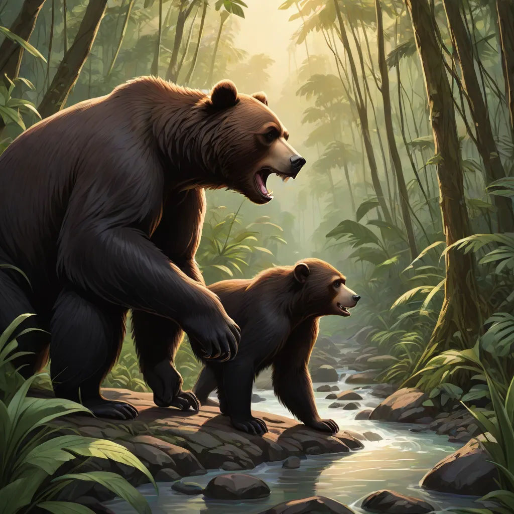 a bear and her cub are standing in the woods by a stream of water and rocks, with the sun shining through the trees, furry art, a storybook illustration, Brothers Hildebrandt, official art