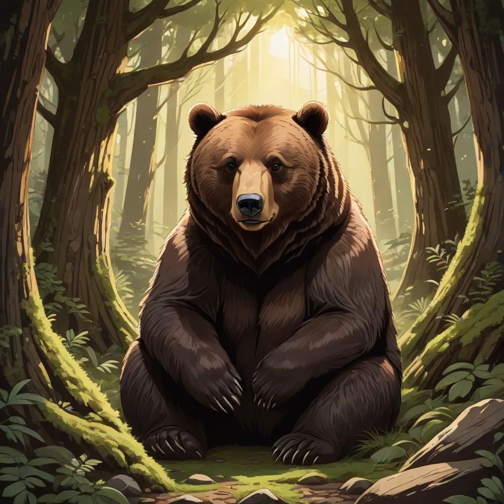 a bear sitting in the middle of a forest with a sun shining through the trees behind it and a forest floor, furry art, a character portrait, Brom, magic the gathering artwork