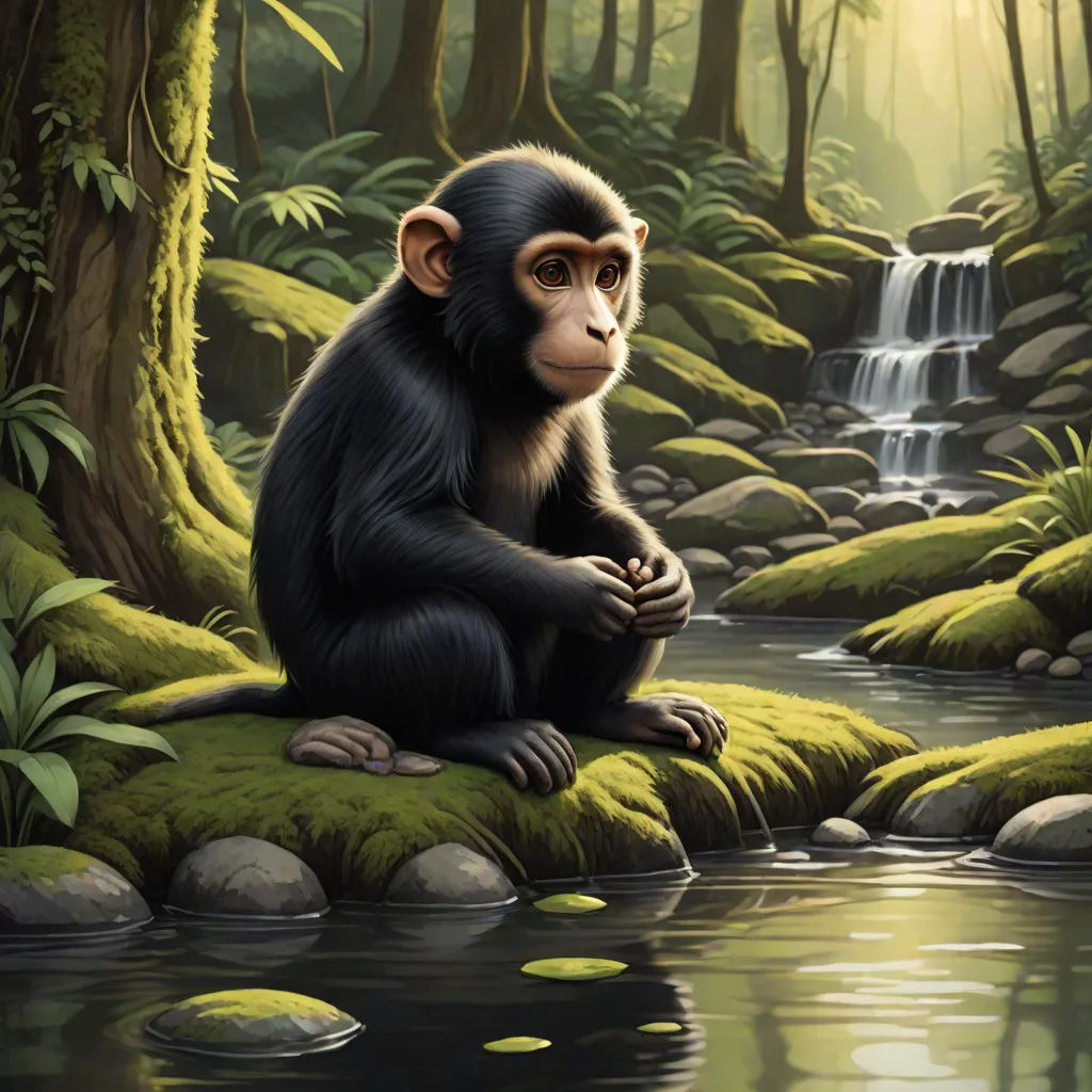 a painting of a monkey sitting on a rock in a forest next to a waterfall and a stream of water, naturalism, a digital painting, Chris LaBrooy, highly detailed digital painting
