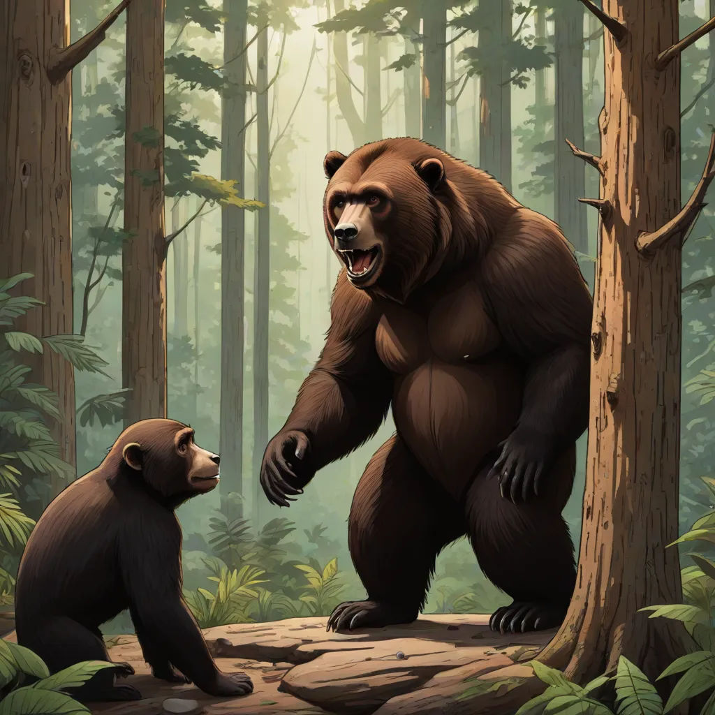 a bear and a bear cub stand in a forest with trees and rocks, and one bear is looking at the other bear, primitivism, a storybook illustration, Chris LaBrooy, official art