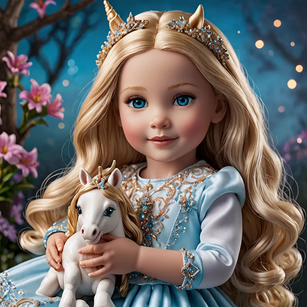 a doll holding a white horse in a blue dress and a tree with pink flowers in the background and a blue sky with stars, gothic art, a storybook illustration, Anne Stokes, cgstudio