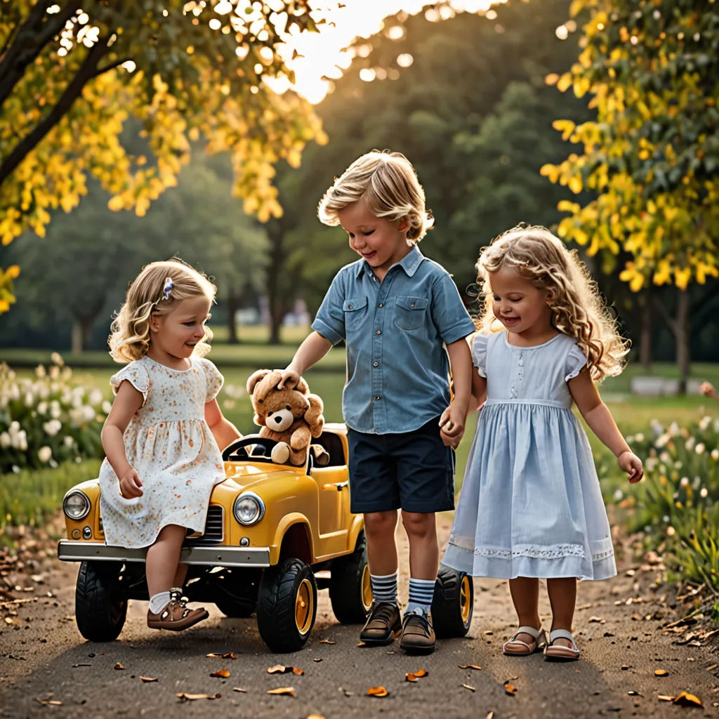 three children playing with a toy truck in a park at sunset or sunrise time, with a teddy bear in the back, art photography, a stock photo, Christian Hilfgott Brand, portrait photography