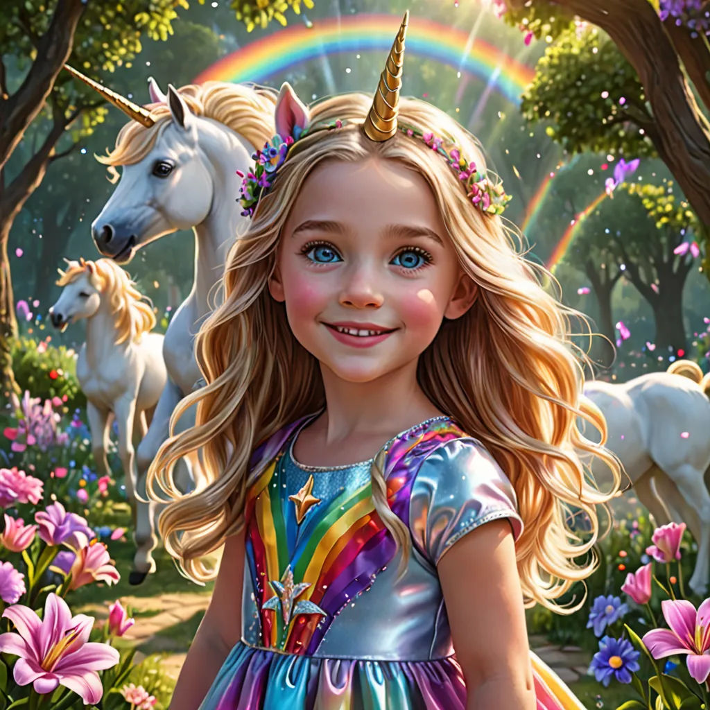 a little girl in a dress standing in a field of flowers with a unicorn in the background and a rainbow in the sky, fantasy art, an ultrafine detailed painting, Anne Stokes, highly detailed digital painting