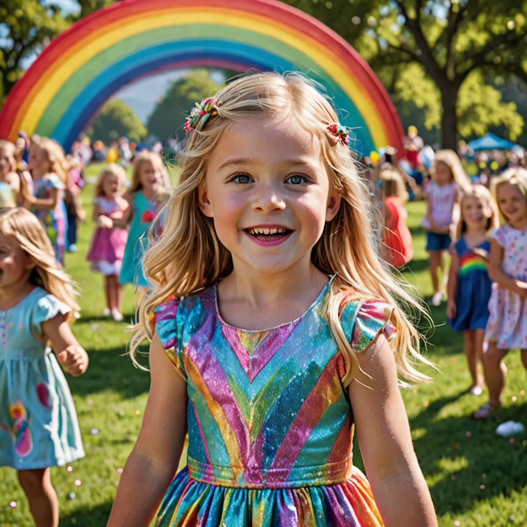 a group of children standing in a field with a rainbow in the background and a rainbow arch in the foreground, kitsch movement, a stock photo, Ella Guru, promotional image