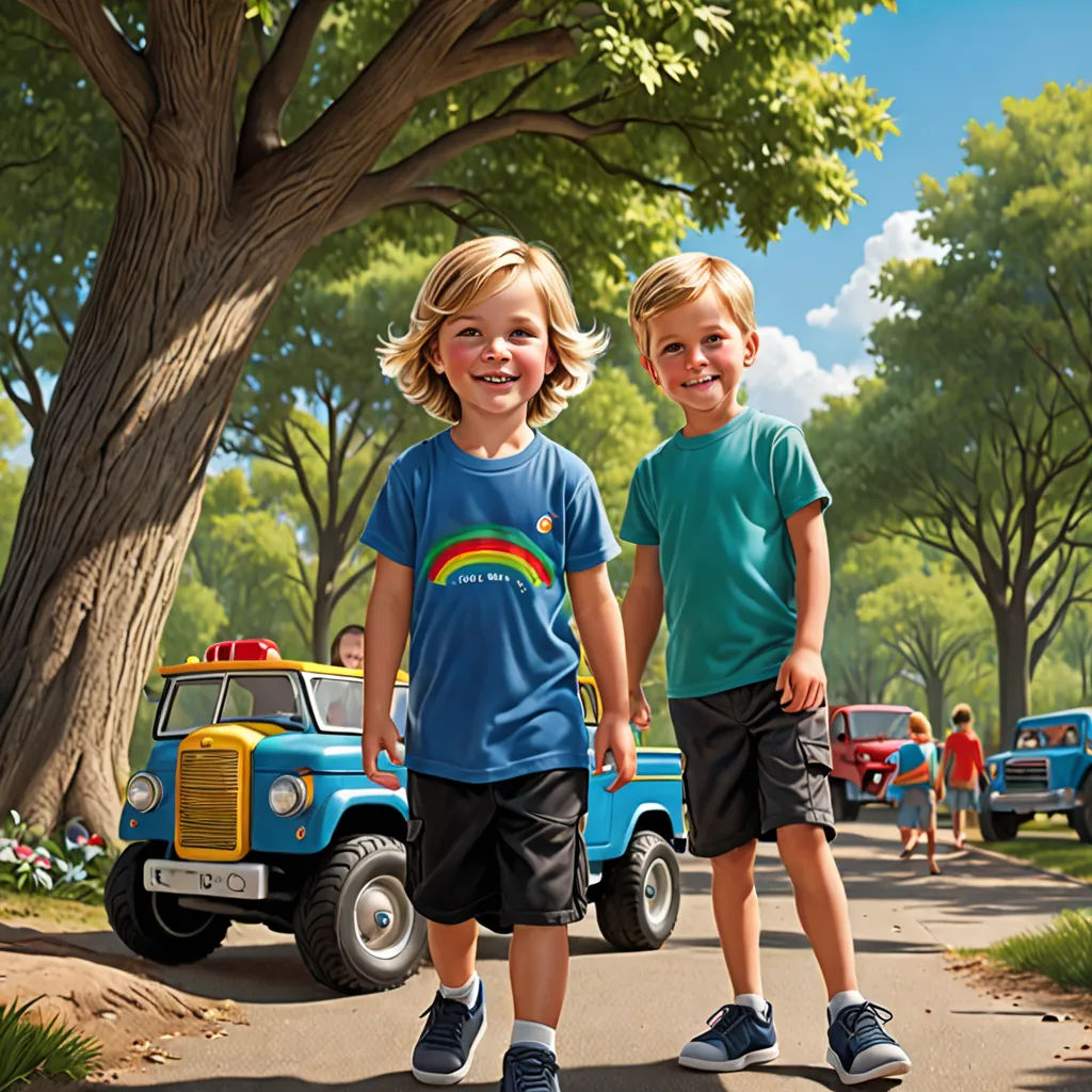 two children are standing in front of a blue truck and a tree with a rainbow on it and a blue truck with a rainbow on it, american scene painting, a photorealistic painting, Bob Byerley, highly detailed digital painting