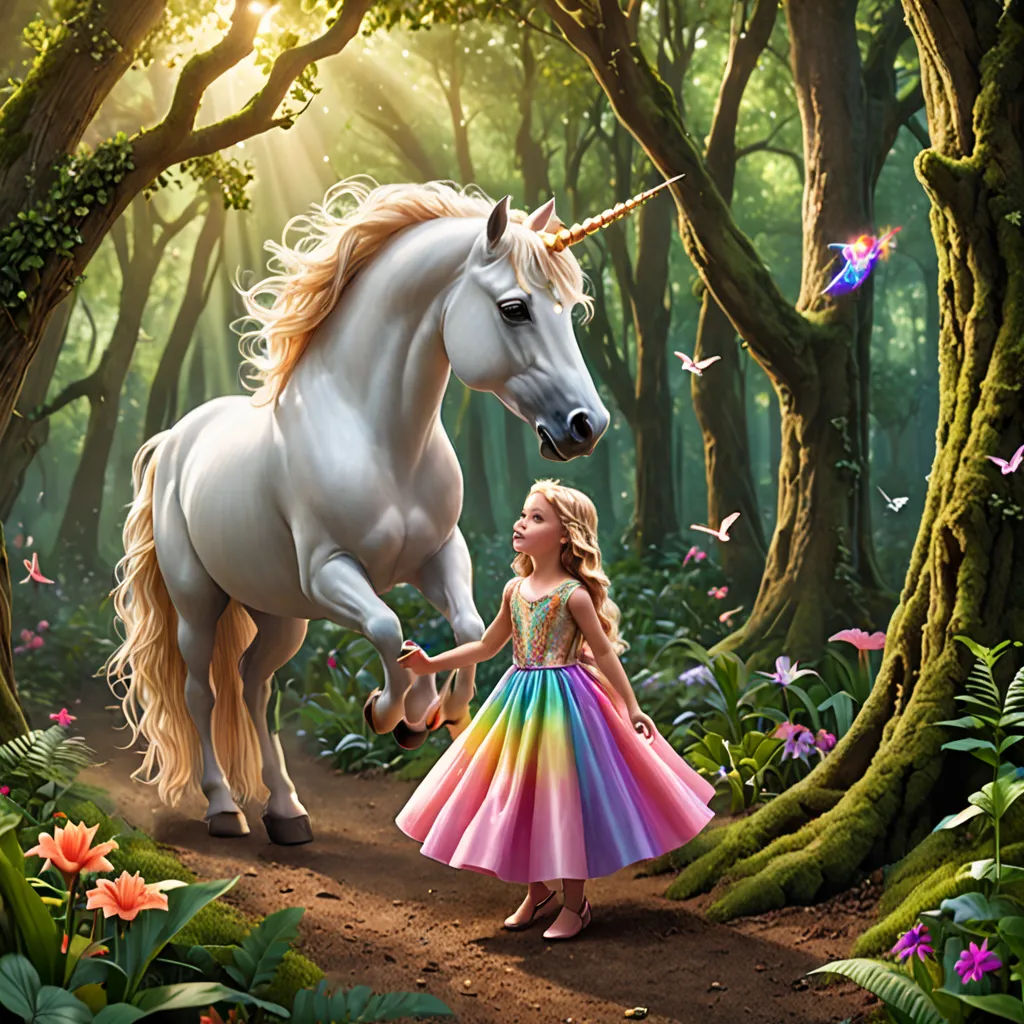 a girl and a unicorn in a forest with trees and flowers, with a butterfly in the foreground, magical realism, a storybook illustration, Chris LaBrooy, promotional image