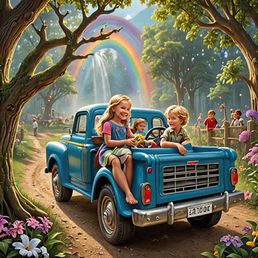 a painting of two children in the back of a truck with a rainbow in the background and a rainbow in the sky, magical realism, a storybook illustration, Bob Byerley, highly detailed digital painting