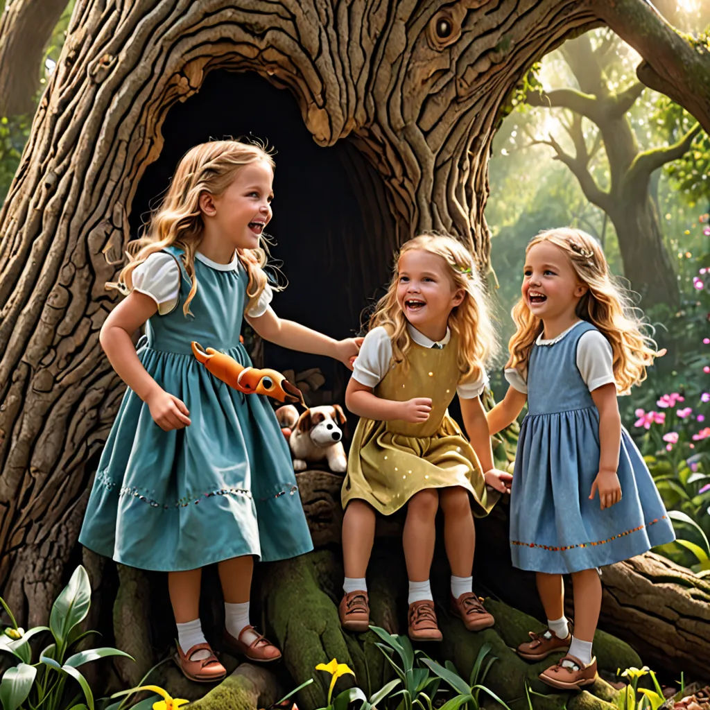three little girls are playing in a tree house with a stuffed animal dog and a stuffed bear in the tree, arts and crafts movement, a storybook illustration, Christian Hilfgott Brand, promotional image