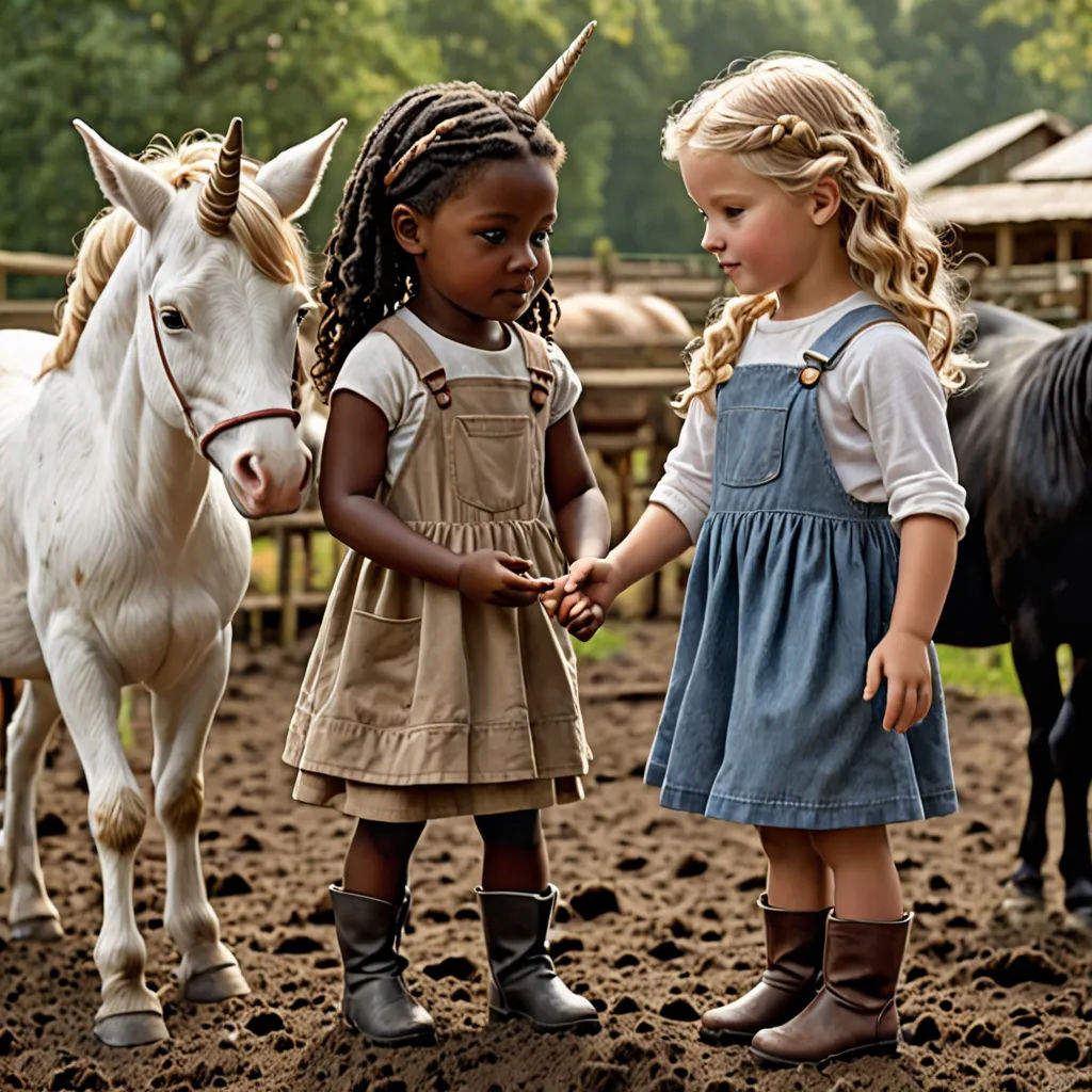 two little girls standing next to each other near a horse and a cow in a pen with other horses, magical realism, a storybook illustration, Christian Hilfgott Brand, award - winning photography