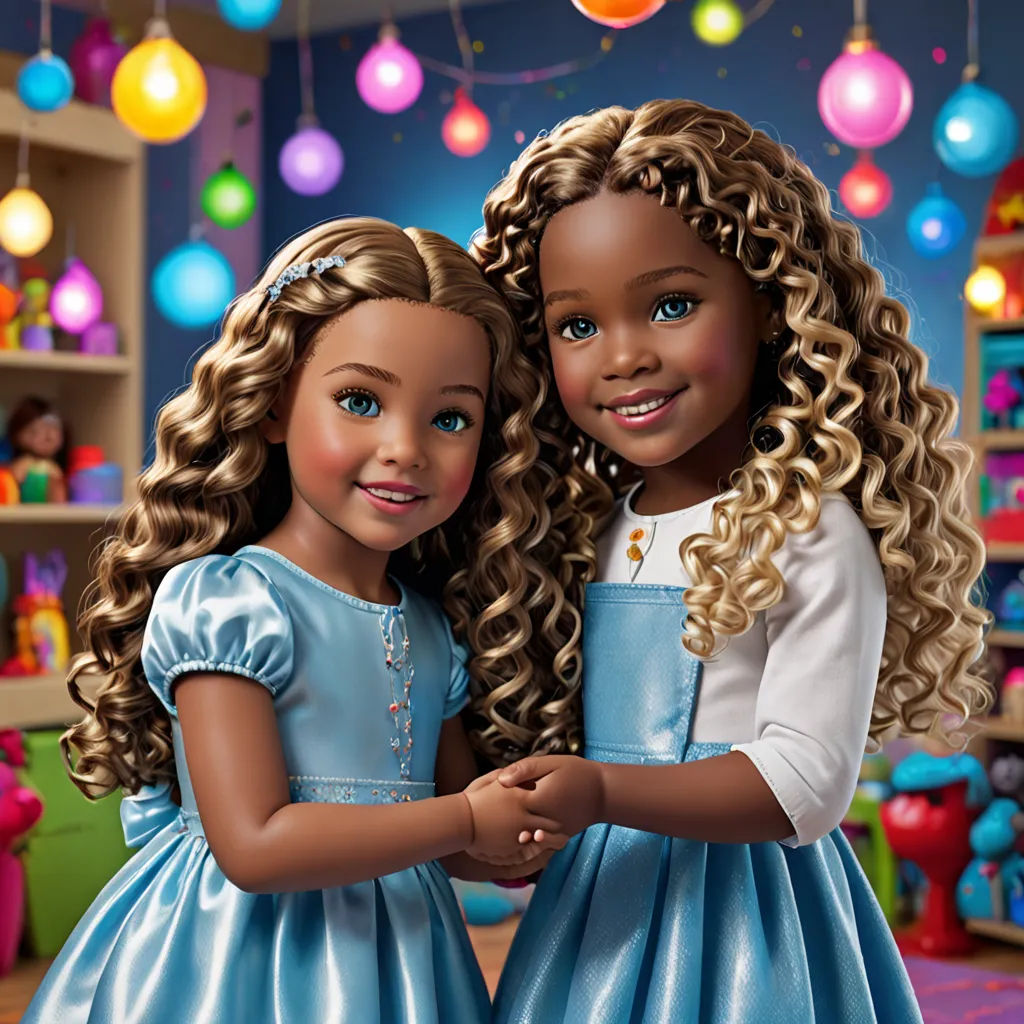 two little girls standing next to each other in a room with christmas lights on the ceiling and a shelf full of toys, photorealism, a digital rendering, Andries Both, highly detailed digital art