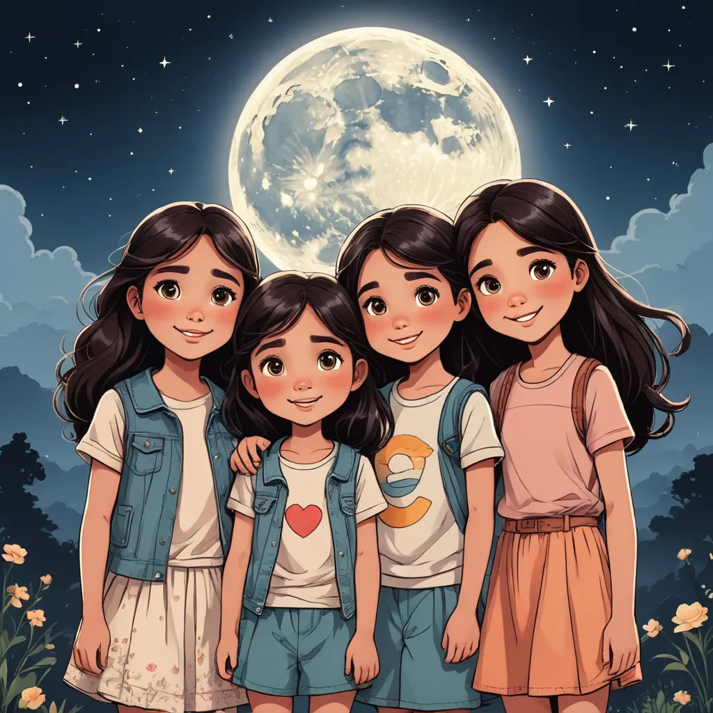three girls standing in front of a full moon with a full moon behind them and a full moon behind them, space art, a storybook illustration, Diego Gisbert Llorens, trending on art station