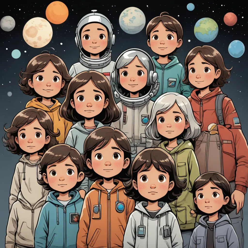 a group of people standing next to each other in front of a space background with planets and stars in the background, space art, a storybook illustration, Diego Gisbert Llorens, comic cover art