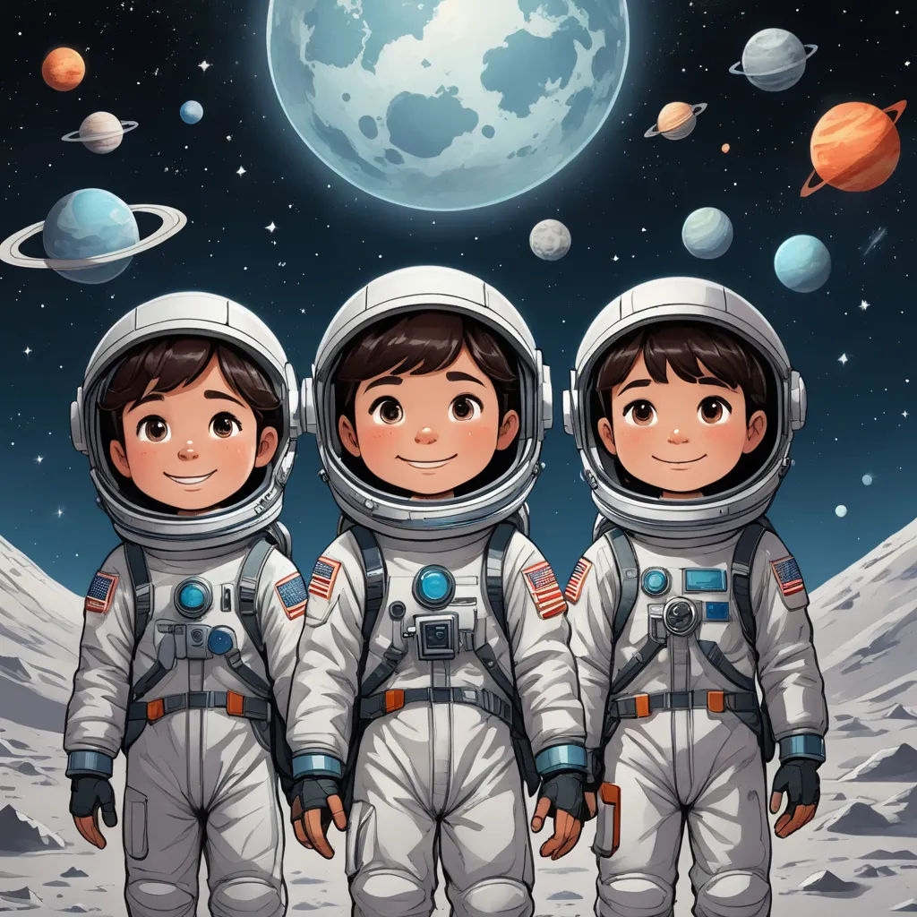 three astronauts standing in front of a full moon and planets in the sky with the earth in the background, space art, a storybook illustration, Diego Gisbert Llorens, comic cover art