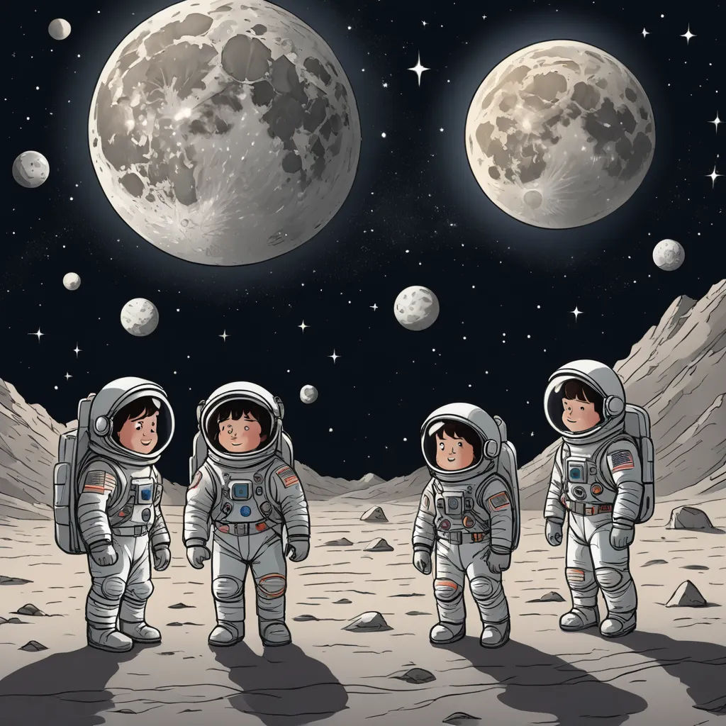 three astronauts standing on the moon with the earth in the background illustration by john wyschkak, space art, a storybook illustration, Choi Buk, detailed illustration