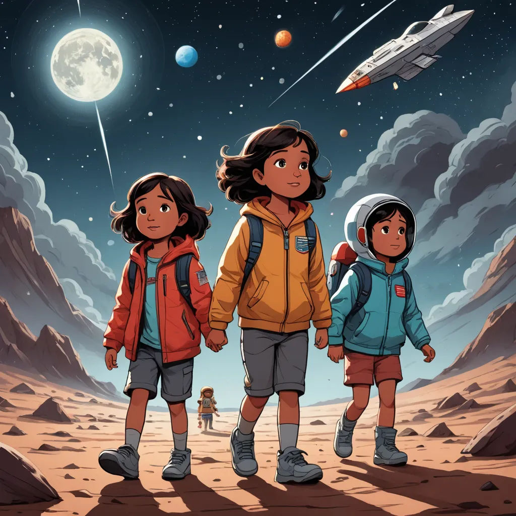 a group of children walking across a desert under a sky full of stars and planets with a spaceship in the background, space art, poster art, Diego Gisbert Llorens, comic cover art