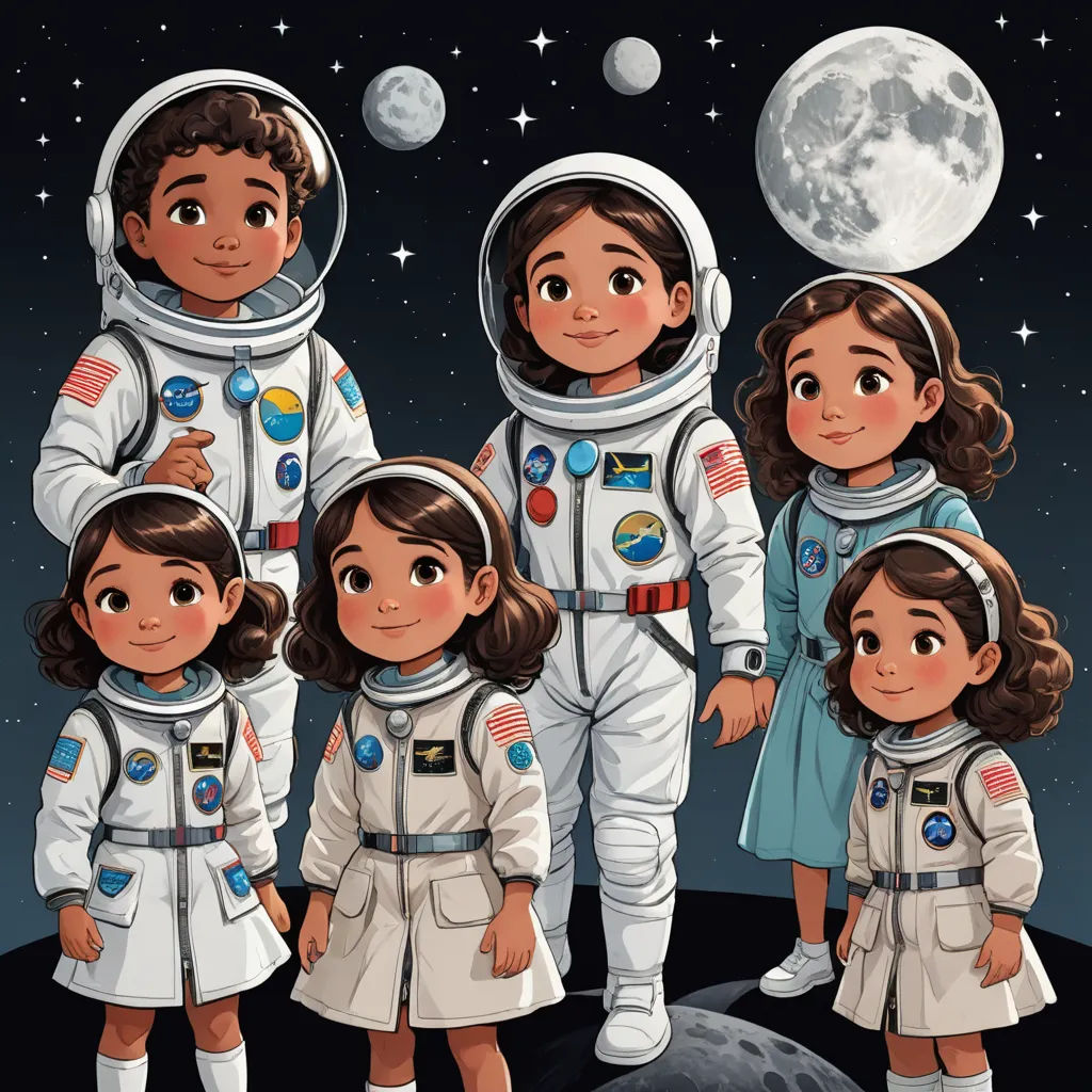 a group of children in space suits standing on a planet with the moon in the background illustration by alex kraut, space art, a storybook illustration, Diego Gisbert Llorens, comic cover art