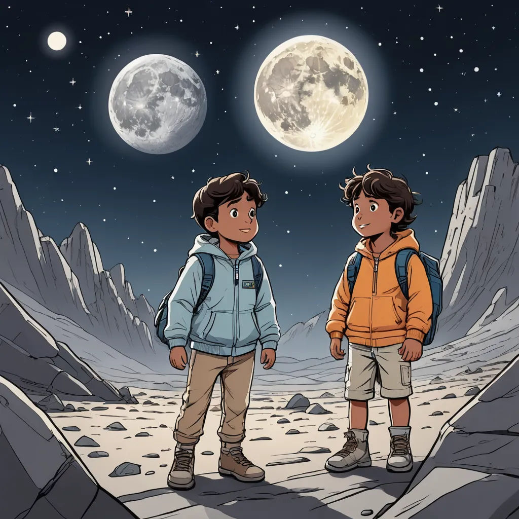 two boys standing on a rocky mountain looking at the moon and stars above them, with a full moon in the sky, space art, poster art, Diego Gisbert Llorens, comic cover art