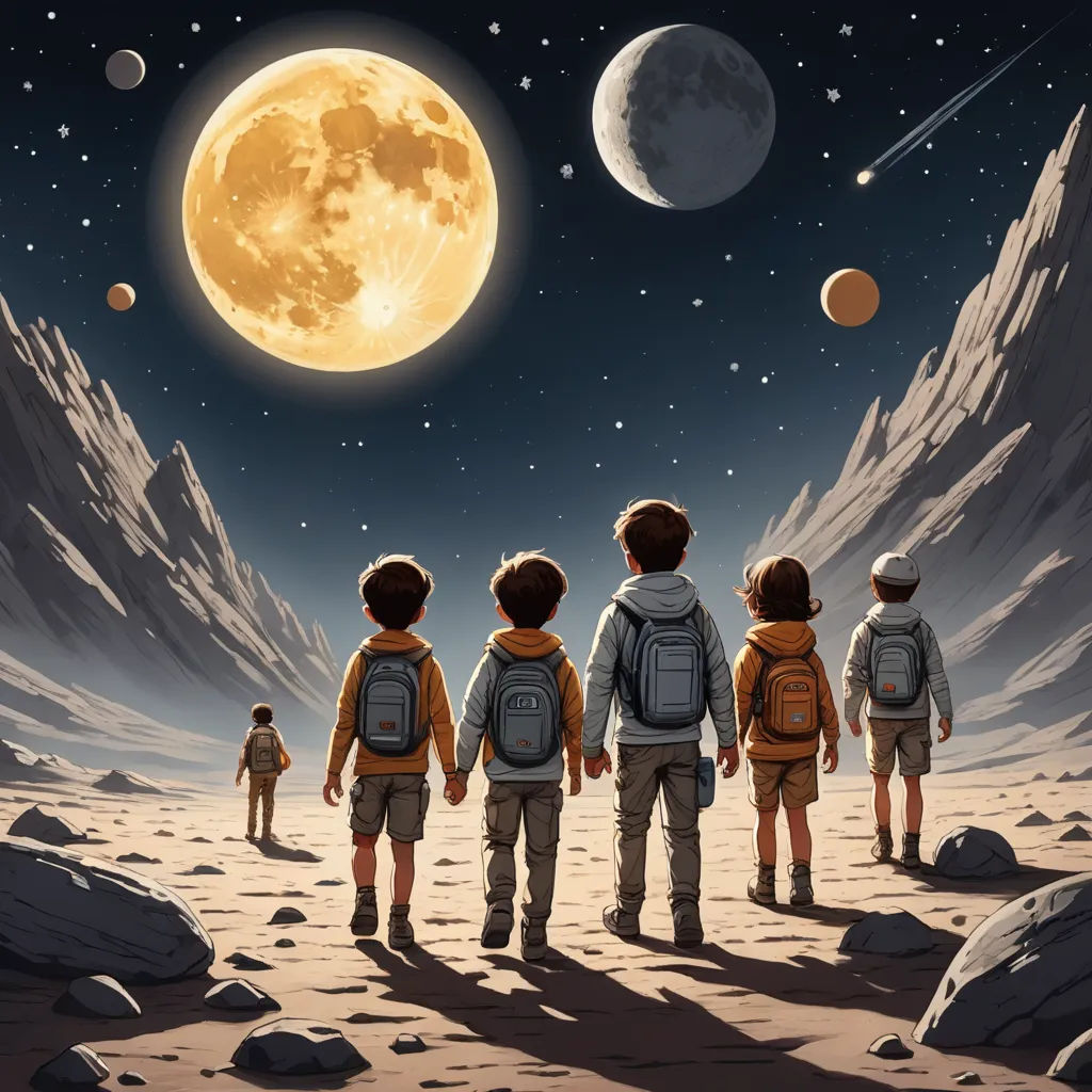 a group of children standing on top of a desert under a full moon sky with planets in the background, space art, poster art, Dan Mumford, promotional image