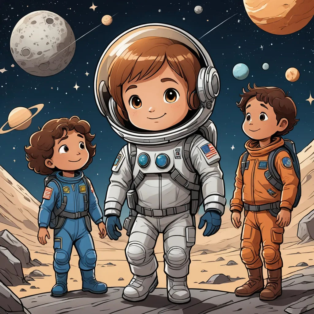 a boy and a girl in a space suit standing on a rock with planets in the background illustration by alex krapf, space art, a storybook illustration, Diego Gisbert Llorens, promotional image