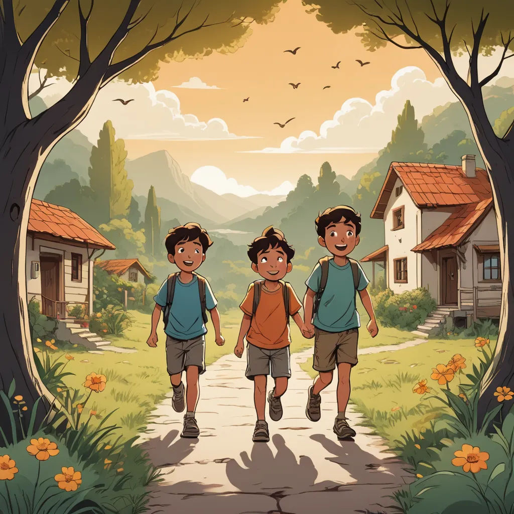 three children walking down a path in a forest with houses in the background and a bird flying overhead in the sky, serial art, a storybook illustration, Diego Gisbert Llorens, comic cover art