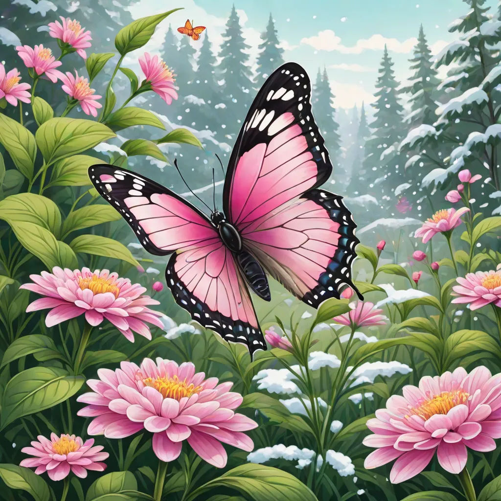a pink butterfly flying over a lush green field of flowers and trees with snow on the ground and a forest in the background, magic realism, a storybook illustration, Anne Stokes, highly detailed digital painting