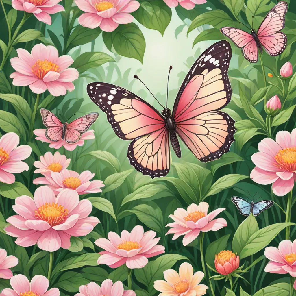 a painting of a butterfly and flowers with a white background and a green border with pink flowers and a white circle, naturalism, a storybook illustration, Annabel Kidston, highly detailed digital painting