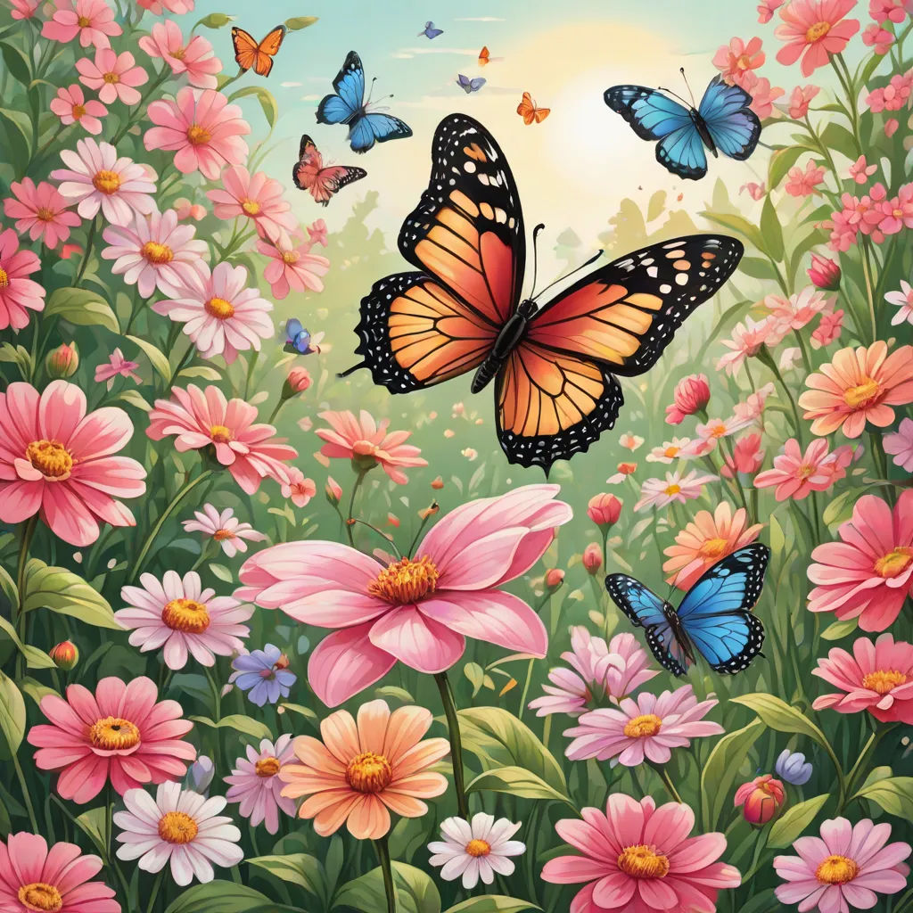 a painting of a butterfly and flowers in a field of flowers with a sunset in the background and a blue sky, naive art, a storybook illustration, Anne Stokes, highly detailed digital painting