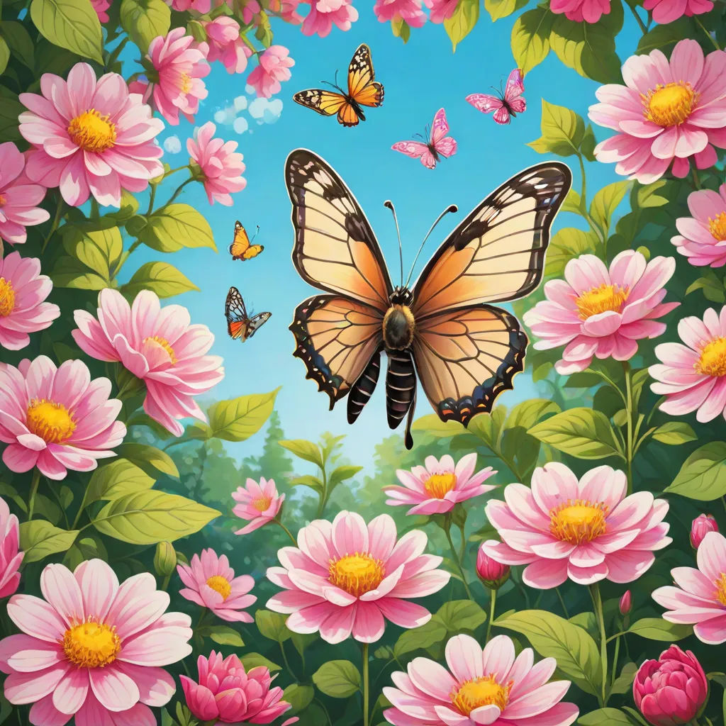 a butterfly flying over a field of pink flowers and daisies with butterflies flying overhead in the sky above, pop surrealism, a storybook illustration, Annabel Kidston, highly detailed digital painting