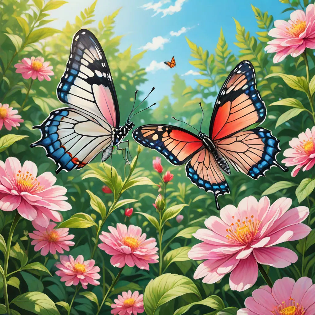 two butterflies flying over a field of flowers and daisies with a blue sky in the background with clouds, magic realism, a detailed painting, Anne Stokes, official art