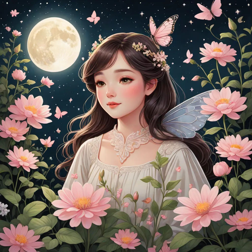 a girl with a butterfly on her head and a flower in her hand in front of a full moon, fantasy art, a detailed painting, Chen Lin, fantasy artwork