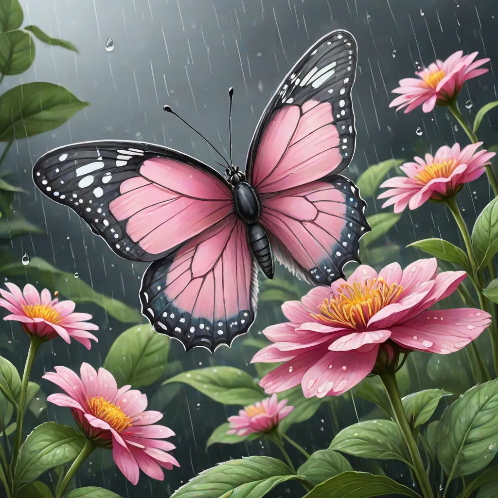 a pink butterfly sitting on top of a pink flower next to a rain soaked field of flowers and leaves, fantasy art, an airbrush painting, Anne Stokes, highly detailed digital painting