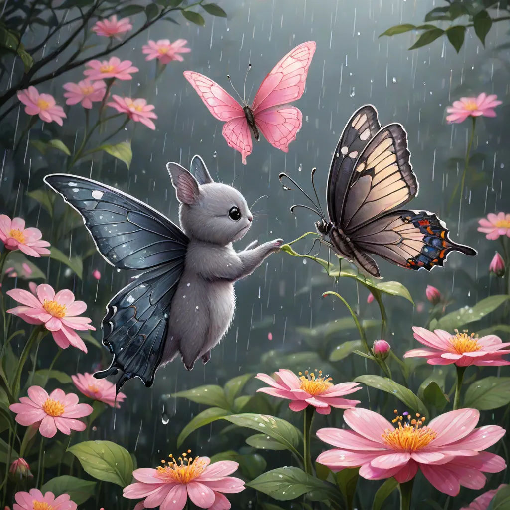 a painting of a butterfly and a mouse in a field of flowers with pink flowers and butterflies flying around, fantasy art, a storybook illustration, Anne Stokes, highly detailed digital painting