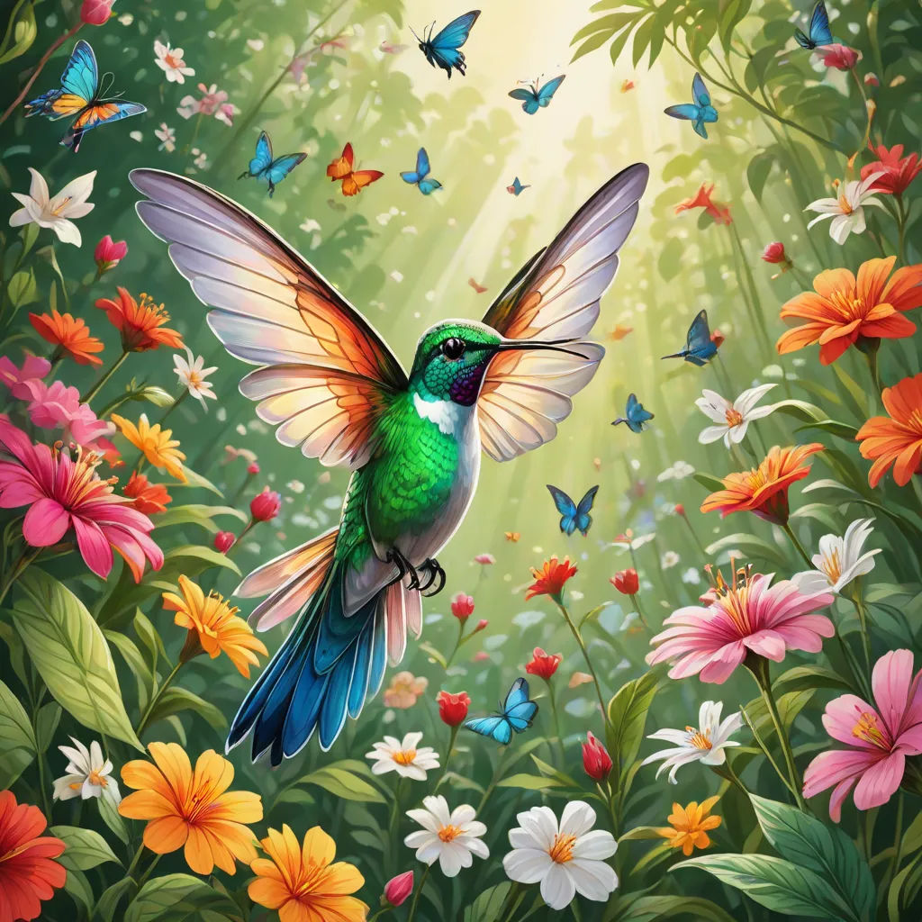 a painting of a hummingbird flying over a flower garden with butterflies and daisies in the background,, fantasy art, a storybook illustration, Chris LaBrooy, highly detailed digital painting