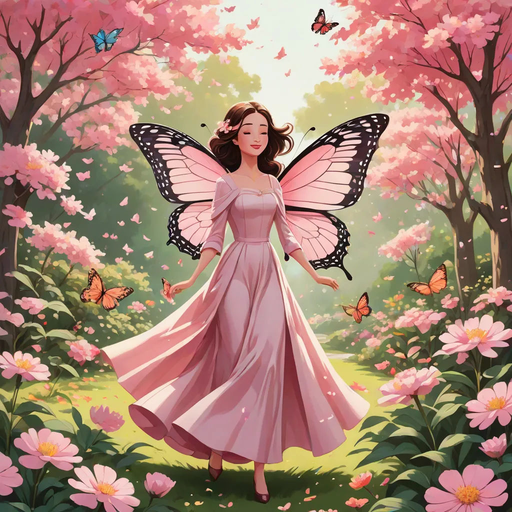 a woman in a pink dress with a butterfly on her wings in a pink forest with pink flowers and butterflies, fantasy art, a storybook illustration, Anne Stokes, kinkade